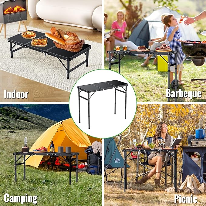 GARLLEN Folding Camping Table Max 27.5", 3-Height Adjustable Portable Camping Table with Carrying Bag, Lightweight Aluminum Folding Picnic Tables for BBQ, Travel, Outdoor, 34.2" L x 15.7" W