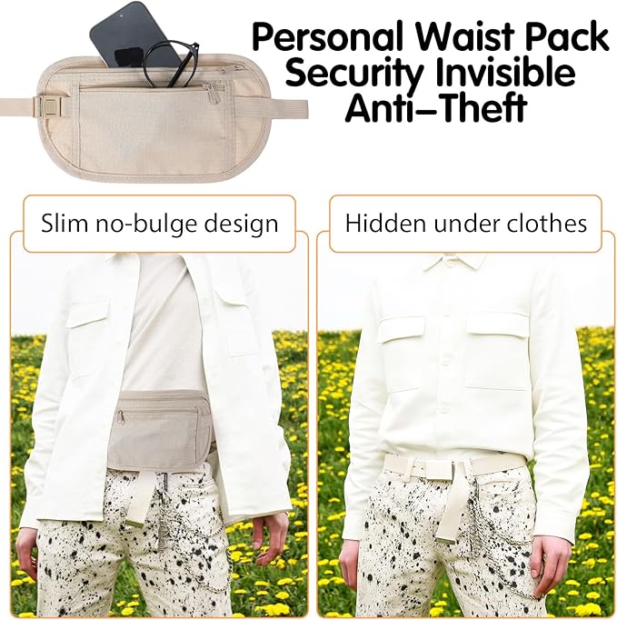 2 Pcs Travel Money Belt for Women,Hidden Money Pouch for Travel,Undercover Anti-Theft Travels Moneys Belt Under Clothes for Cash Cards Passport Keys Mobile Phone for Men Women