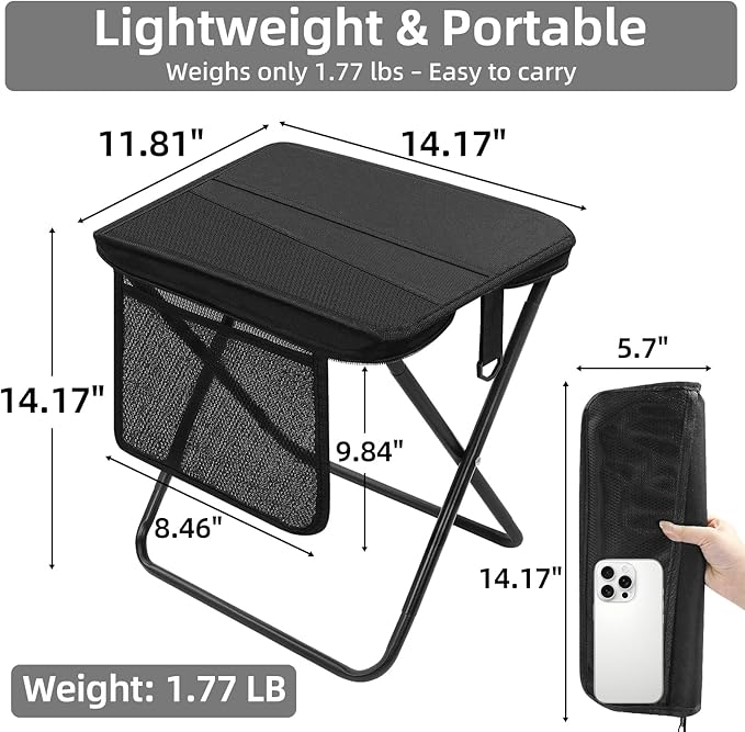 Portable Folding Camp Stool with Side Pocket, Taller Foldable Camping Stool for Adults, Metal Backpacking Stool Lightweight Mini Folding Chair, Compact Camping Seat Travel Fishing Hiking Mobile Chair