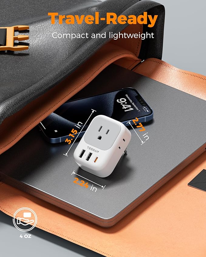 TESSAN Type E F Plug Adapter, Germany France Power Adapter with 3 USB Ports (1 USB C 20W), 4 AC Outlets Travel Adaptor for US to Europe EU Spain Iceland Korea Portugal Greece Russia German French