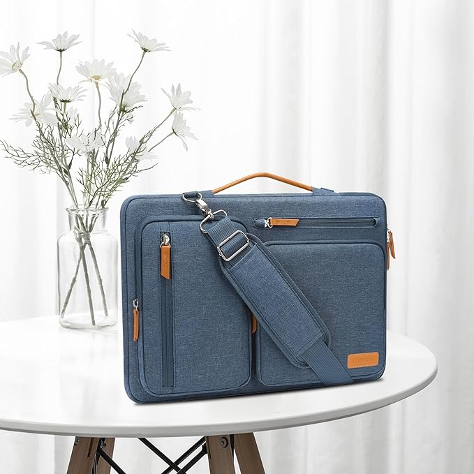 MOSISO 360 Protective Laptop Shoulder Bag,15 inch Computer Bag Compatible with MacBook Air 15 inch M5 M4 M3 M2/Pro 15, Dell XPS Plus,Side Open Messenger Bag with 4 Zipper Pockets&Handle, Haze Blue