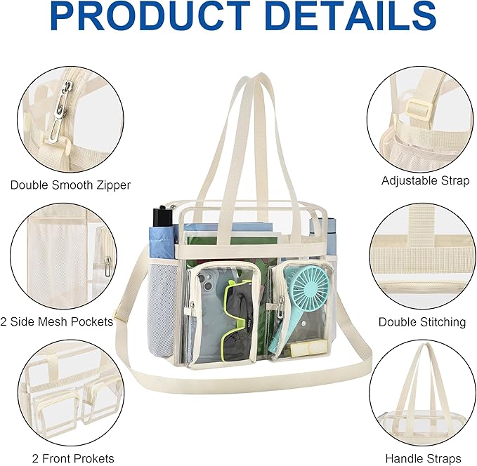 XCU Clear Bag for Stadium Events 12x6x12 Large Clear Tote Bag Transparent Lunch Bag Adjustable Straps for Concert Sports Work