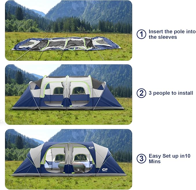CAMPROS CP Tent 12-Person-Camping-Tents,3 Room Family Tents,Waterproof Windproof Family Tent with Top Rainfly,6 Large Mesh Windows,Double Layer,Easy Set Up, Portable with Carry Bag-20' x 9' x 72"(H)