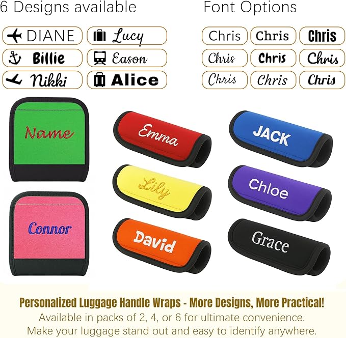 6 Pack Personalized Luggage Handle Wrap with Embroidered Name Custom Soft Grip Handle Cover for Suitcase, Travel Bag Machine Washable Luggage Identifier for Airplane, Cruise, Road Trip