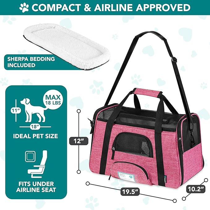 PetAmi Airline Approved Pet Carrier for Cats & Small Dogs, Soft Sided TSA Travel Carrier Bag Sherpa Bed, Breathable Mesh Ventilation, Collapsible Bowl, Fit Under Seat, Up to 18 lbs, Large Heather Pink
