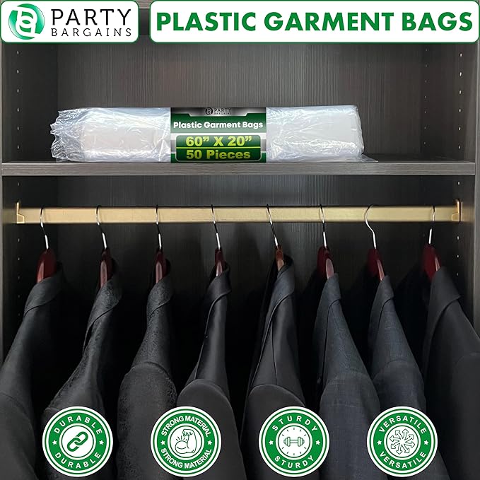 PARTY BARGAINS 60 x 20 Inch Disposable Clear Garment Bags, 50 Pack – Heavy-Duty Plastic Clothes Covers for Suits Dresses Coats, Closet & Travel