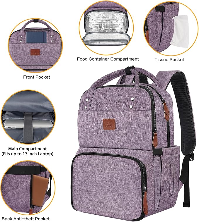 MATEIN Womens Backpack with Lunch Compartment, Fits 17 Inch Laptop Backpack, Water Resistant Cooler Backpack Tote Food Bag for Work College Travel Camping Picnic, (Purple)