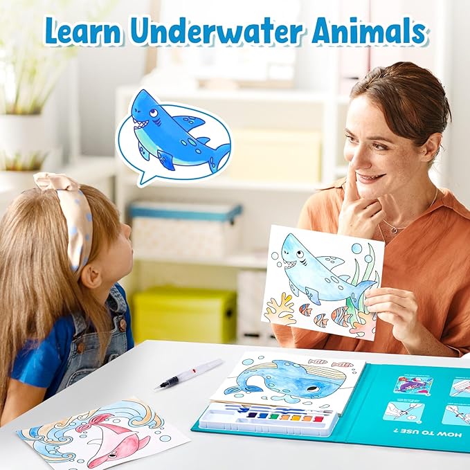 JoyCat Paint with Water Coloring Books for Toddlers, Watercolor Painting Sets for Kids Ages 3-5 4-8, Arts and Crafts Drawing Activities Toy Birthday Gifts for Boys Girls (Sea Animals)