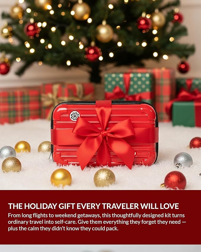 Essence Travel Amenity Kit | Travel Essentials & Travel Size Toiletries Kit | 5-Pack Nasal Diffuser Rings, Sleep Mask, Lotion & Hygiene Kit | Travel Toiletry Kit for Women | Red Case