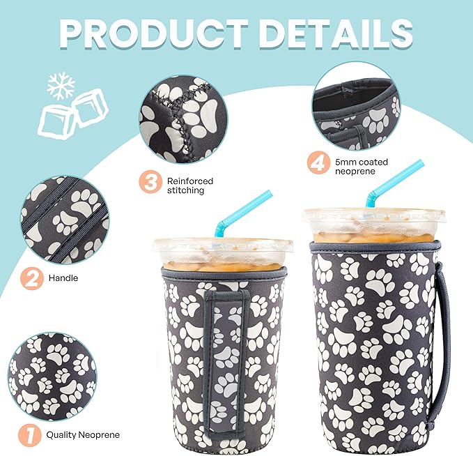KJQJLY 3 Pack Reusable Iced Coffee Sleeves for Iced Coffee Cups or Drinks Reusable Neoprene Insulated Sleeves for Hot and Cold Drinks from Starbucks, Dunkin, And More (Paw Prints)
