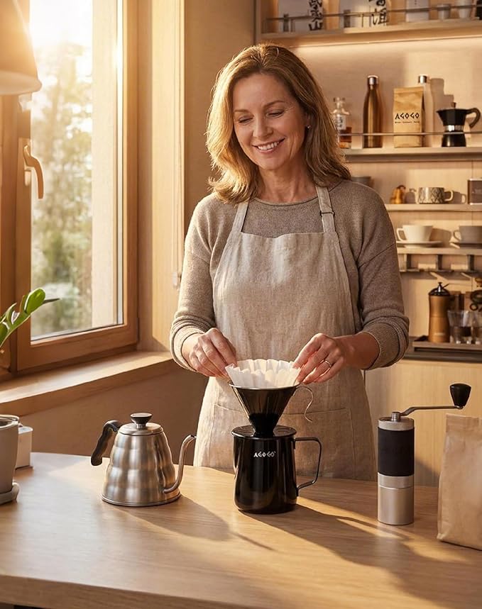 AGOGO Pour Over Coffee Maker Set - Unbreakable 304 Stainless Steel V60 Dripper & Server for Camping & Party, Includes 50 Paper Filters & Barista Towel - Black - 30oz