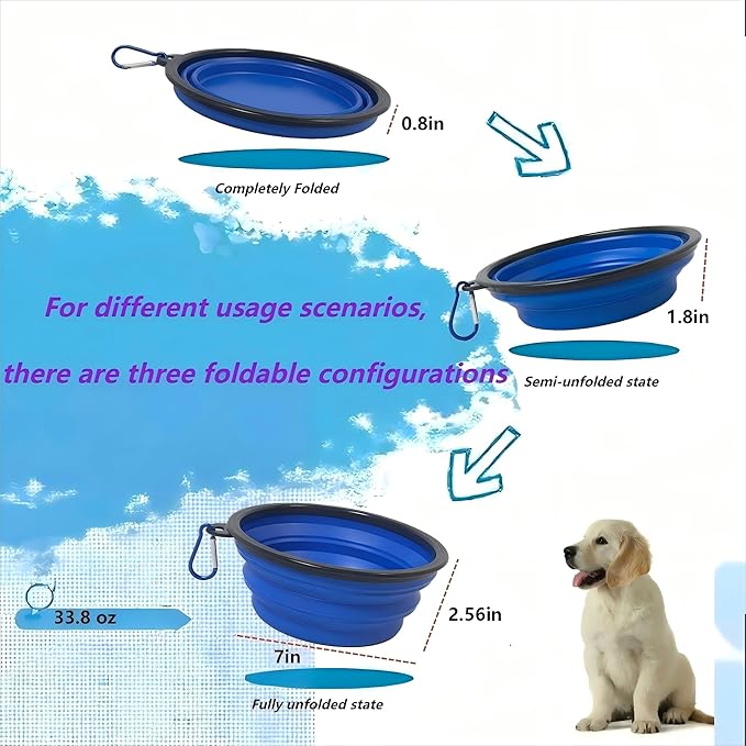 Silicone Collapsible Pet Bowl for Travel - Portable, Leak-Proof Dog & Cat Bowl, Easy Clean Collapsible Pet Dish for Hiking, Camping, Car Rides (Blue, 33.8oz)