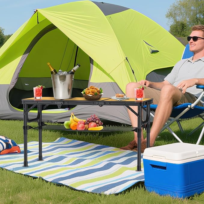 Anbte 3ft Camping Table Foldable with Storage Net and Bag, 3 Adjustable Heights High 27.5" Aluminum Camping Table Portable, for Outdoor Indoor Backyard BBQ Cooking Party Picnic Beach, Light Oak Grain