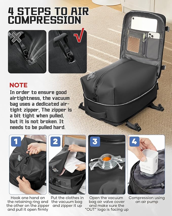 WONHOX Vacuum Seal Backpack for Travel with Air Pump Compression Vacpack Carry on Flight Approved Daypack Laptop Space Saver Bags Storage with Vacuum System 18x14x8 inches Travel Bag Women Men Black