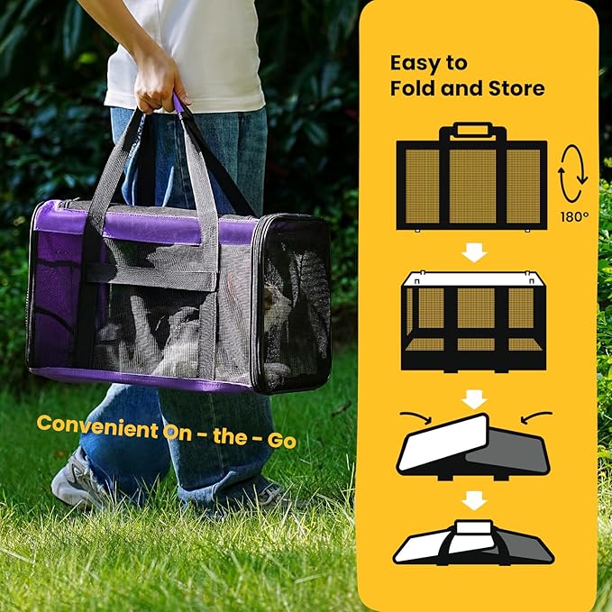 Conlun Cat Carrier Bag,Soft-Sided Pet Carriers for Dogs with 4-Sided Mesh,Airline Approved Cat Transport Carrier for Small&Medium Cats Kitten Puppy Up to 15LB,Collapsible Cat Travel Carrier-M,Purple