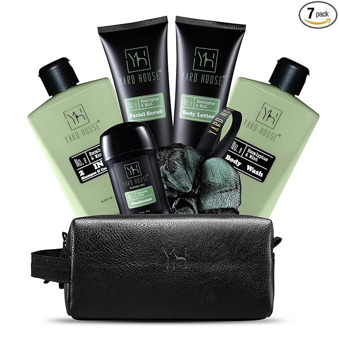 Yard House Mens Luxury Bath and Body Gift Set For Him - Skin Care Kit in Eucalyptus and Mint - Fathers Day Birthday Christmas Gifts Ideas For Men - 7Pcs Set w. Full Size Items in Leather Toiletry Bag