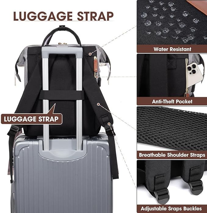 Focdod Laptop Backpack for Women Bag 15.6 Inch Work Business Backpacks Purse with USB Port Large Capacity Nurse Bag Backbag, Casual Daypack for Travel, Black-Grey-Brown