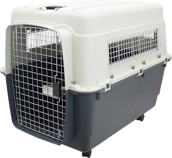 SportPet Airline Compliant XX-LARGE 39" Travel Dog Kennel-Durable Plastic Airline Pet Carrier w/ Removable Wheels & Food Bowls, Collapsible Indoor/Outdoor Dog Kennel, Dogs up to 36"L & 27"H-Cream/Gray