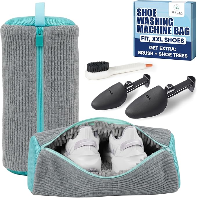Shoe Washing Machine Bag – 2 Pcs Reusable Laundry Shoe Bag, 360° Deep Cleaning Sneaker Washing Bag, Durable Mesh Net with Zipper Protection, Fits All Shoe Types & Sizes (Grey, 14.8 × 7.4 Inches)