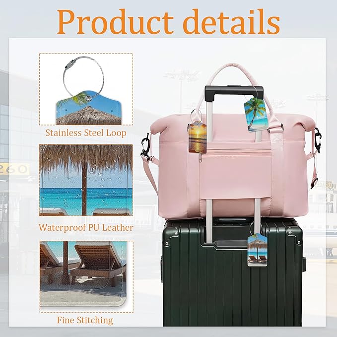 Seaside 3 Pack Luggage Tag for Suitcase, Unique Leather Travel Tags Identifiers with Privacy Name Address Labels & Durable Steel Loop for Women Men Travel