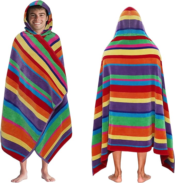 COTTON CRAFT Hooded Beach Towel - Oversized XXL 35x84 Towel with Hood for Adults - Summer of Siam - The Big Kahuna 7 Foot Beach Blanket Towel - Big & Tall Soft 100% Cotton Velour - Multi Color Stripe