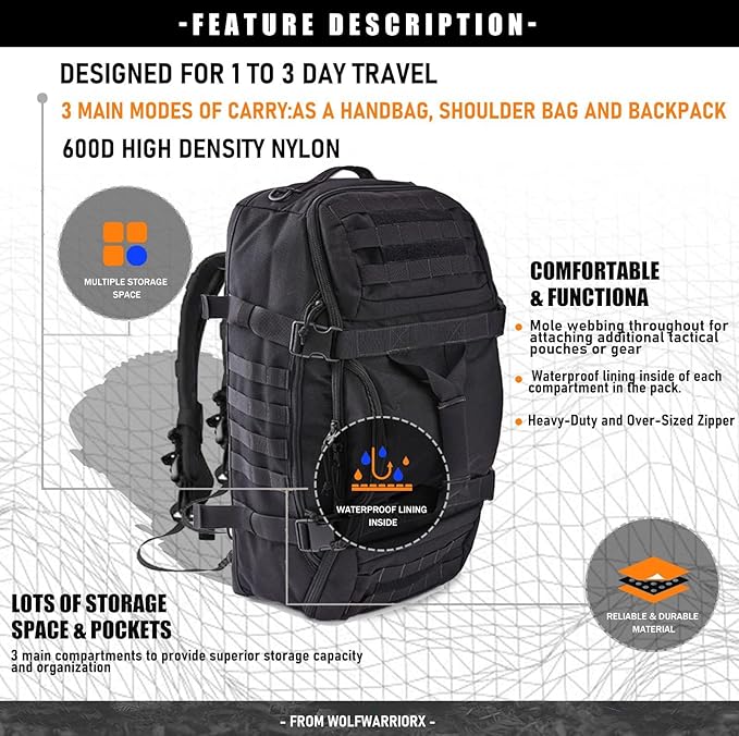 Miramrax Travel Duffle Bag Backpack for Men - Large Tactical Bags Weekender Gym Bag for Overnight Traveling Military Workout Deployment Sports (Black, 25L)