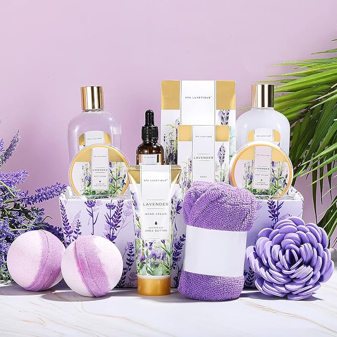 Spa Luxetique Gift Baskets for Women Lavender Spa Gifts for Women 12 Pcs Birthday Gifts for Women Gift Set for Her Mothers Day Gift for Mom