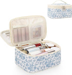 Relavel Travel Makeup Bag, Large Floral Cosmetic Bag with Makeup Brush Compartment, Portable Makeup Pouch for Women, Double Layer Makeup Organizer Bag Cute Toiletry Bag