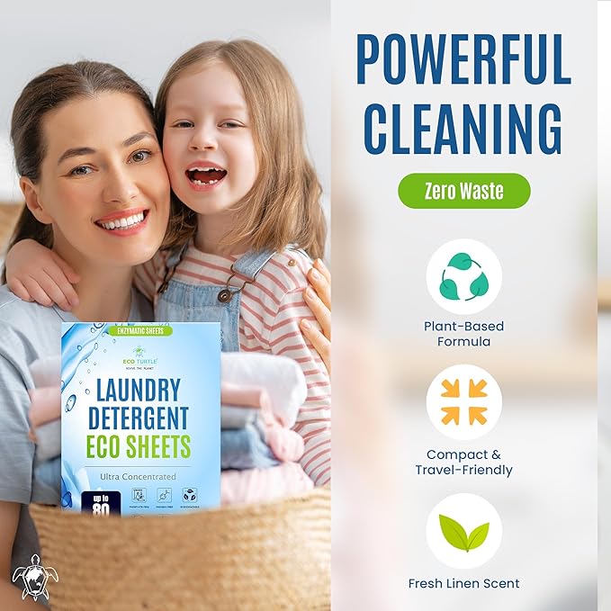 Eco-Friendly 80 Loads Ultra Concentrated Laundry Detergent Sheets Stain-Fighting Enzymes & Plant Powered, Washer Sheets, Space Saving, Travel Friendly for Hot/Cold Cycles, Tackles Tough Stains & Odors