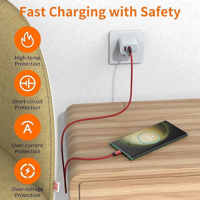 JXMOX USB Type C Cable (6.6ft 2-Pack), USB-A to USB C 3A Fast Charging Cord Compatible with iPhone 15 16 Pro Max, Samsung Galaxy S22 S21 S20 Ultra S10 S9 S8, Note 10 9 8 A80 A70, USB C Charger (Red)