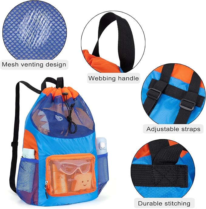 Swim Bag for Kids Mesh Beach Backpack for Boys Lightweight Drawstring Beach Bag Swimming Pool Sports Gym String Bag (Blue)