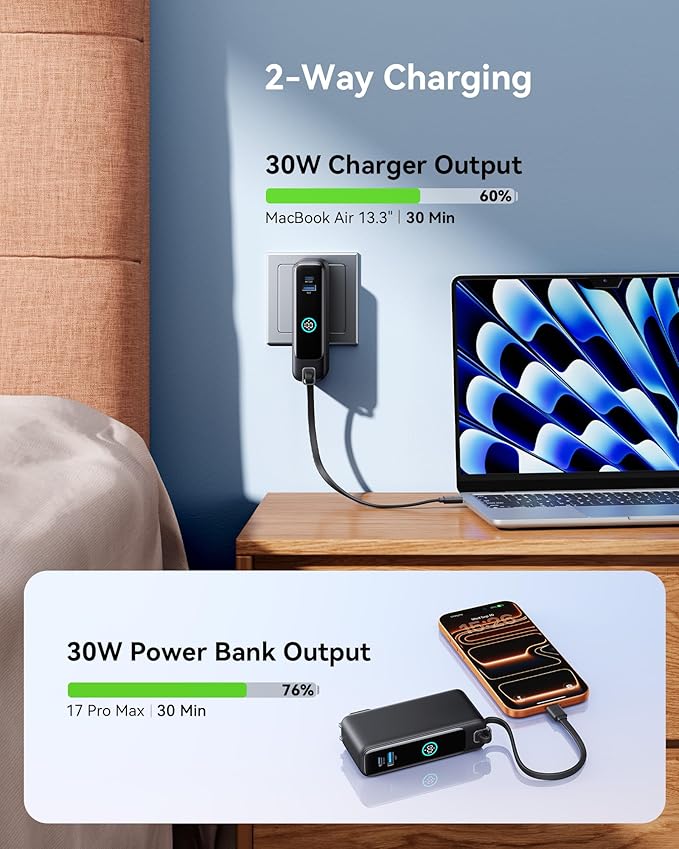 INIU Portable Charger, 10000mAh 30W Fast Charging Power Bank, Built-in USB C Cable and Foldable AC Plug, Travel Essentials Battery Pack for iPhone 16 15, Samsung S25 S24, MacBook