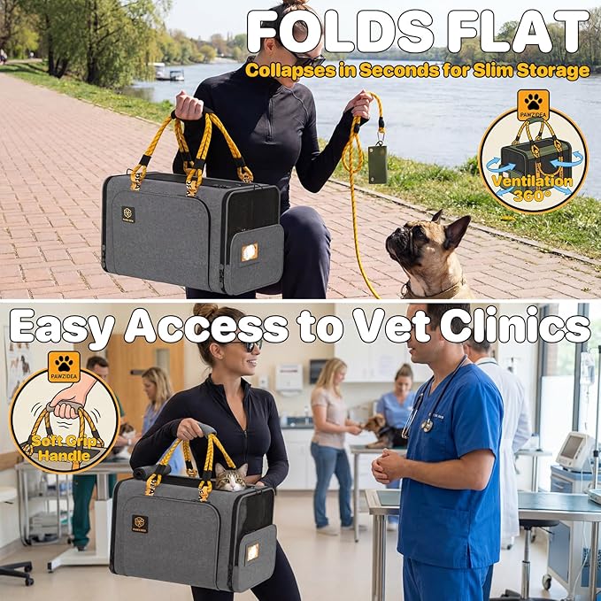 PAWZIDEA Expandable Pet Carrier Airline Approved, 18"×11"×11" Small Dog Carriers, Collapsible Top-Load Cat Carrier for 2 Cats Under Seat, Soft-Sided Puppy & Animal Travel Bag, ID Card, Up to 15lbs