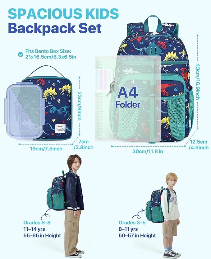 VASCHY Boy Kids Backpack & Lunch Bag Set, 2-in-1 School Bookbag with Insulated Lunch Box for Preschool, Daycare, Kindergarten & Elementary School – Navy Dinosaurs