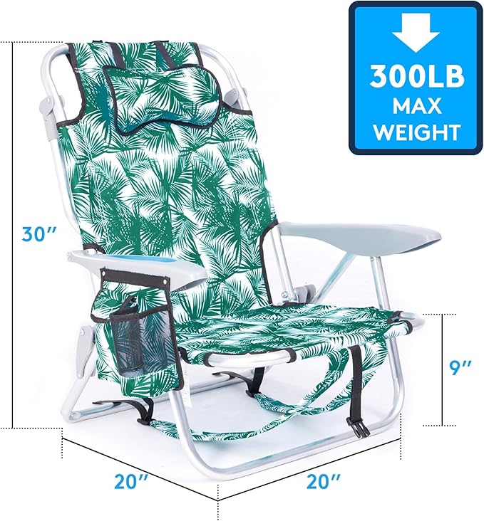2 Pack Lightweight Portable Camping Beach Chair for Adults, Outdoor Lay Flat Folding Beach Chairs with 5 Positions, Backpack Beach Chair with Towel Bar, Zipper Pouch, Cup Holder, Green Leaves