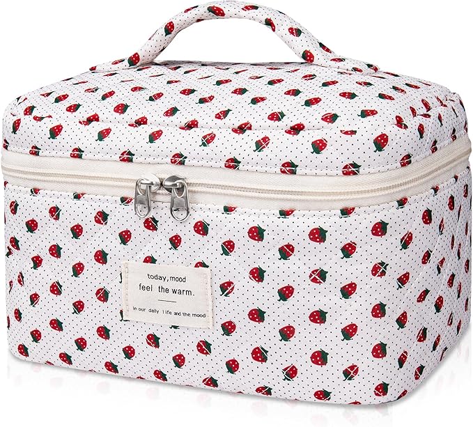 Gosect Large Makeup Bag, Cute Cosmetic Bag for Women Girls, Floral Coquette Aesthetic Toiletry Bag, Travel Make Up Organizer Bag (Strawberry)