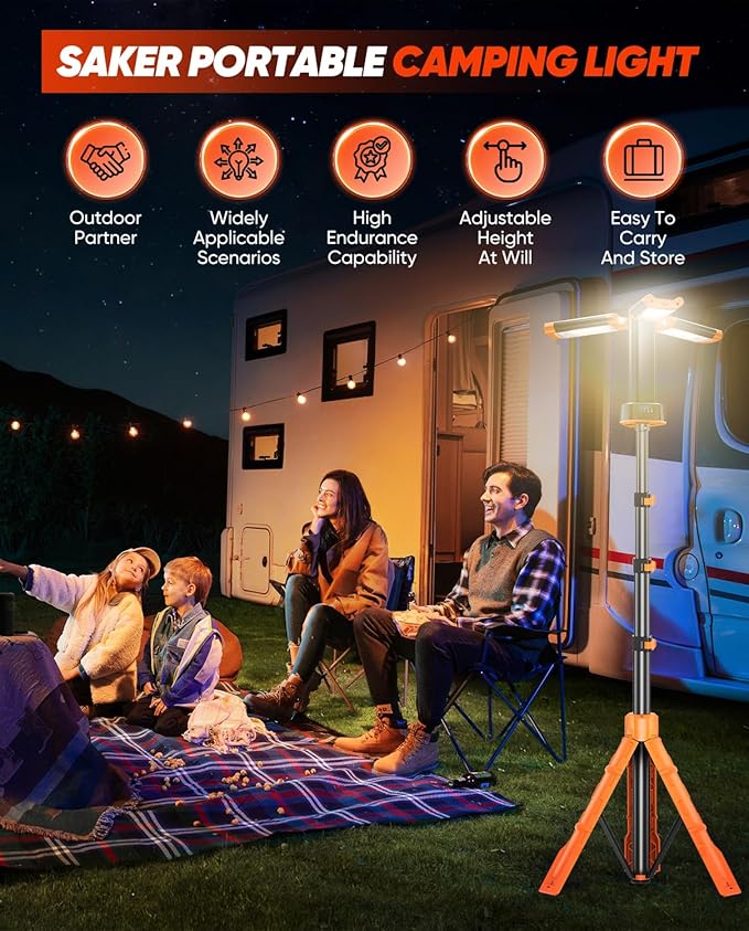 Saker Portable Camping Light with Stand 73inch 20000mAh Rechargeable LED Work Lights 3200 Lumen 4000/6500K Emergency Lights for Camping, Garage, Outdoor Work, Power Outages, Fishing LD18