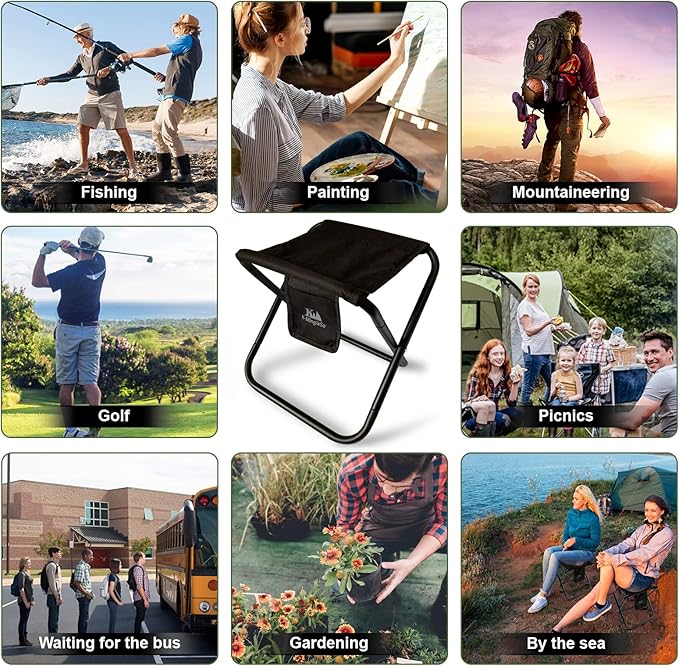 Upgraded Portable Folding Stool, 13 Inch Camping Stool for Adults Fishing Hiking Gardening and Beach with Carry Bag, Hold Up to 450lbs[Black]