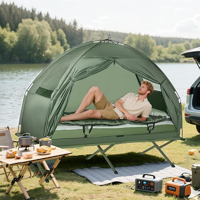 Outsunny Camping Tent Cot, Folding Tent Cot Combo with Mattress, Pillow, Sleeping Bag, Roller Carrying Bag, Off Ground Travel Camp Cot for Hiking, Backpacking