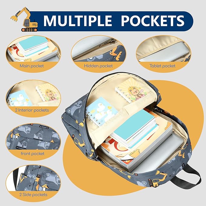 CAMTOP Preschool Backpack for Kids Boys Girls Toddler Backpack Kindergarten School Bookbags for Age 3-8 (Engineering Car Grey)