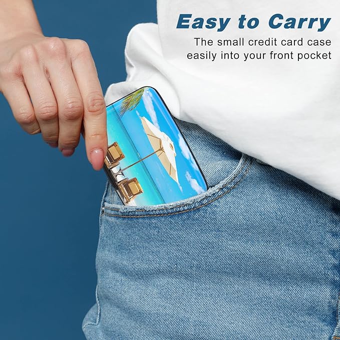 Credit Card Holder, Mini Aluminum Card Wallet RFID Blocking Slim Metal Hard Card Case for Women Men, Sea