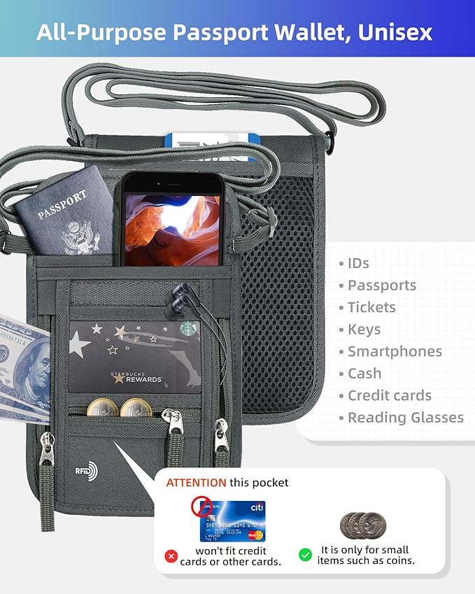 WALNEW Passport Holder Neck Pouch Travel Wallet for Women and Men, RFID Blocking Security Slim Traveling Wallet with Around Neck Lanyard Strap, Gray