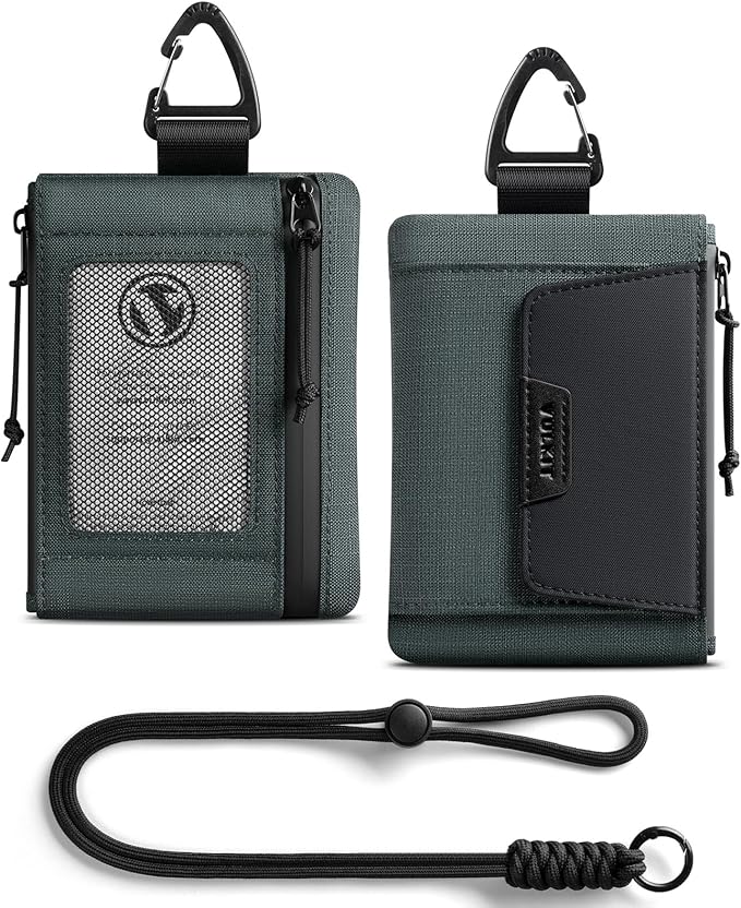 VULKIT RFID Blocking Lanyard Wallet for Men and Women, Nylon Neck Wallet with ID Window, Zipper Pouch and Keychain, Magnetic Pocket for Hiking, Fishing and Outdoor Activities, Slate Green