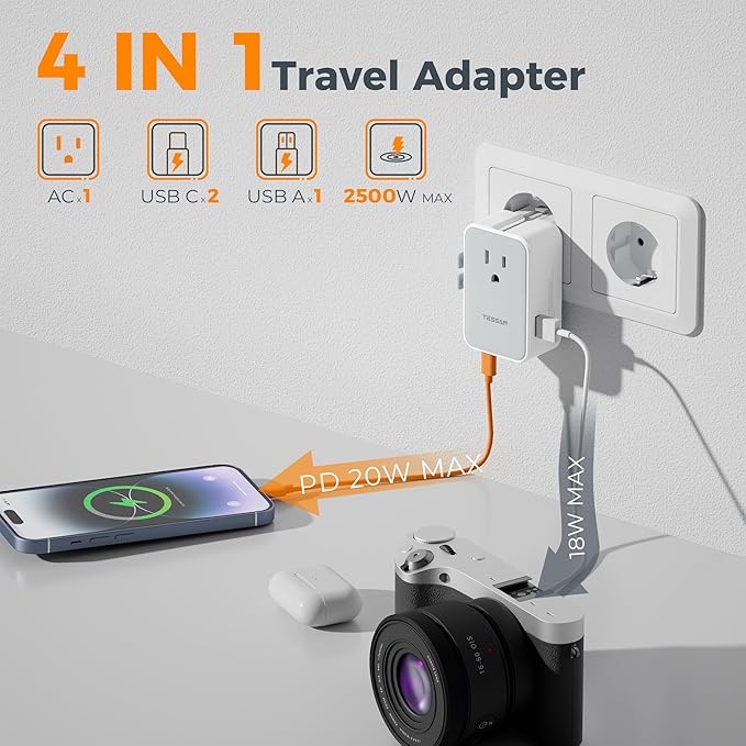 Universal Travel Adapter 20W, TESSAN Ultra Slim International Power Adapter with 2 USB-C 1 USB-A, Travel Plug Adaptor Worldwide for US to European UK Spain Italy England New Zealand (Type C G A I)