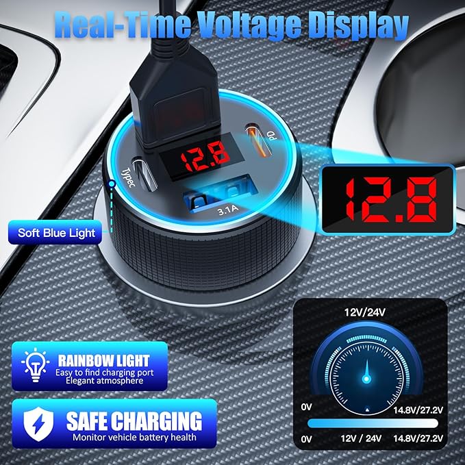 Car Charger USB C, 78W 4 Port Fast Charging Car Phone Charger Adapter, Dual USB-C & USB-A Cigarette Lighter Adapter with Voltage Display for iPhone 17 16 15 iPad Samsung Android