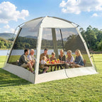 12 × 12ft Camping Screen Tent for 8-10 People, Easy Setup House Tent with 8 Ground Stakes & 4 Windproof Ropes, Portable Screened Canopy with Mosquito Net for Outdoor, Patios, Backyard, Beige