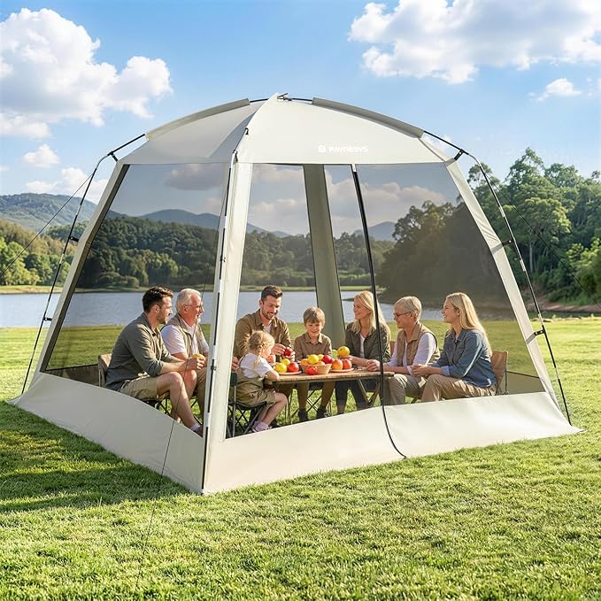 12 × 12ft Camping Screen Tent for 8-10 People, Easy Setup House Tent with 8 Ground Stakes & 4 Windproof Ropes, Portable Screened Canopy with Mosquito Net for Outdoor, Patios, Backyard, Beige