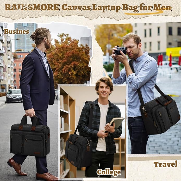 Mens Laptop Messenger Bag Canvas Briefcase Waterproof Vintage Computer Bag Shoulder Bag Satchel Bags for Work College Travel