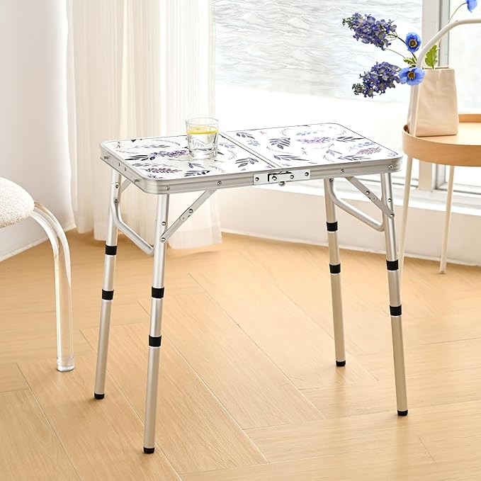 Yriuat Folding Camping Table 2ft Portable Pinic Table Adjustable Height Small Card Table Aluminum Foldable Lightweight with Carry Handle for Outdoor Indoor Hiking Camp BBQ Beach (Misty Lilac)