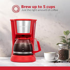 Holstein Housewares 5 Cup Drip Coffee Maker – Compact and User-Friendly with Auto Pause & Serve, Reusable Filter, Measuring Spoon & Glass Carafe, Office & Dorm Use, Red